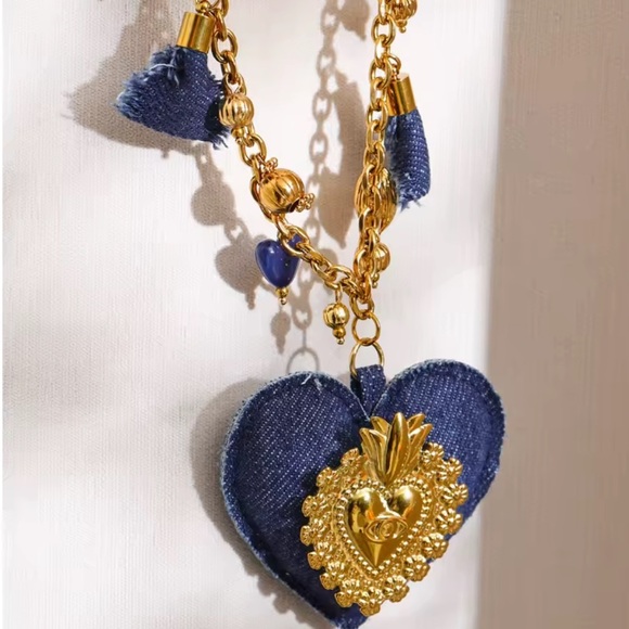 New!Anthropologie jeans color lux stainless Gold Blue Heart Pendant Necklace NWT - Picture 8 of 12
